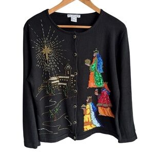 Belle Pointe Christmas Sweater XL Black Beaded Three Wiseman Party Holiday EUC